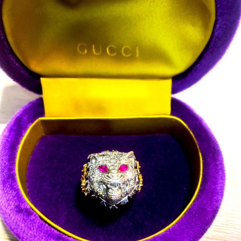 Distinctive Design Pink Sapphire silver diamond Feline Head Ring
